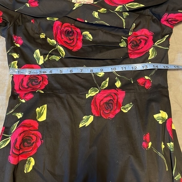Romantic Pin Up Pencil Dress Med Black Cocktail Rose Fit Mid Belle Pogue Alt - Picture 14 of 15